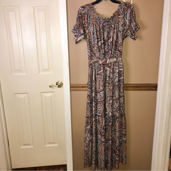 Cato Boho Paisley Belted Smocked Maxi Dress Brown Orange Blue Small - Picture 2 of 5